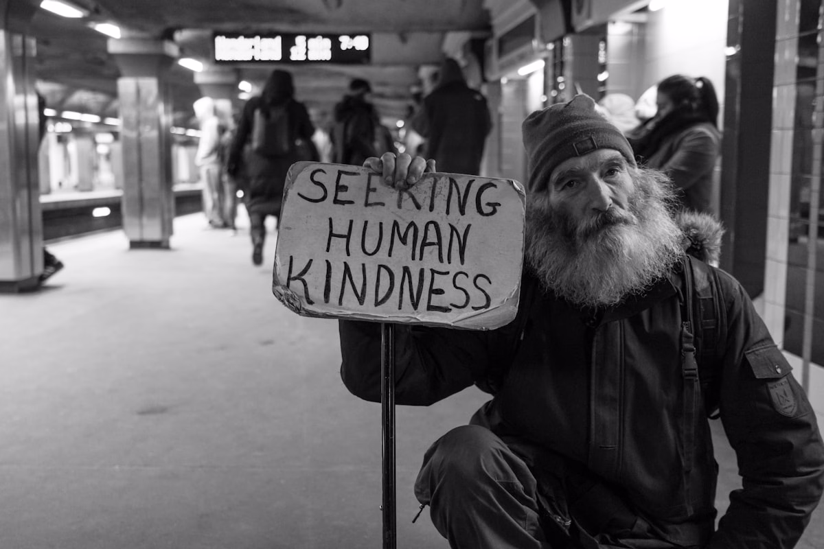 Person holding a sign seeking kindness